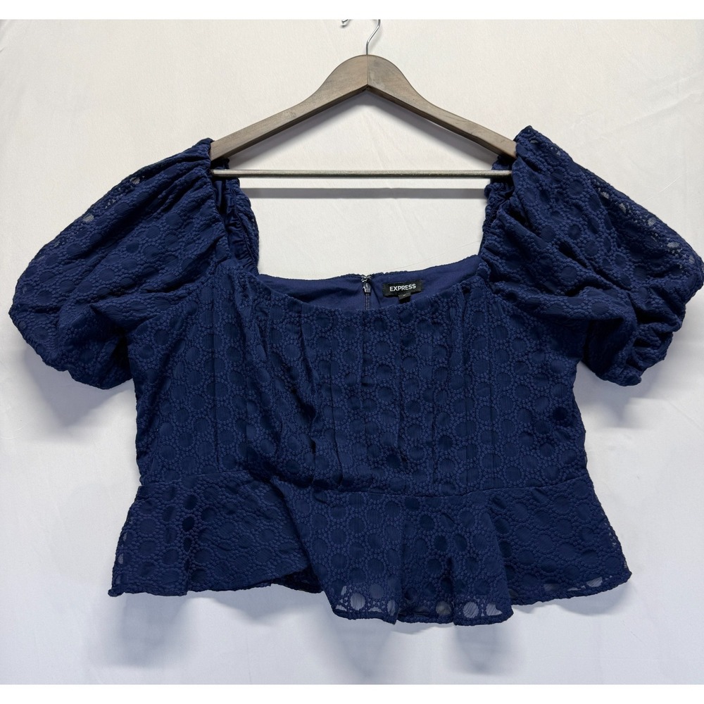 Express Cropped Blouse Top Womens XL Navy Blue Embroidered Peplum‎ Hem Back Zip